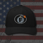 Black cap with a logo on an American flag background