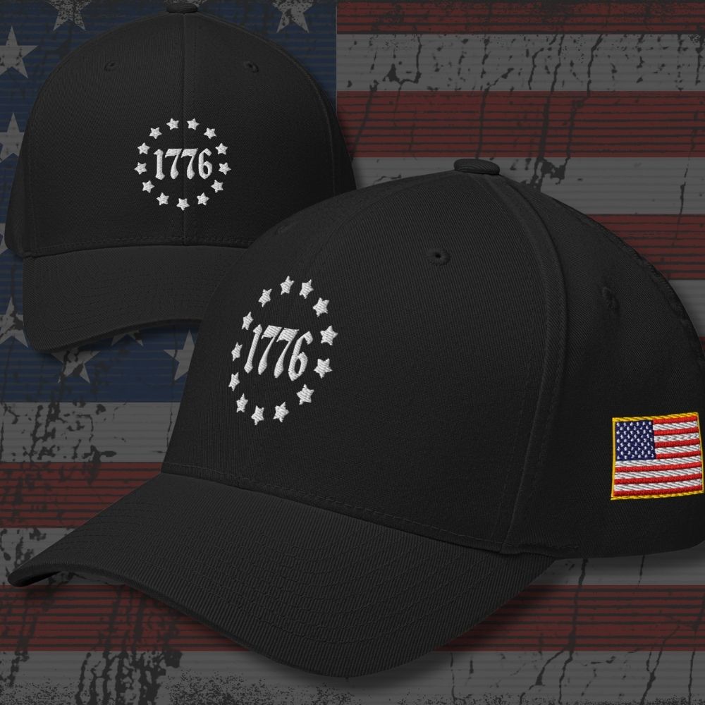 Patriotic Black Cap, Flexfit hat, with embroidered 1776 and Betsy Ross star-ring design