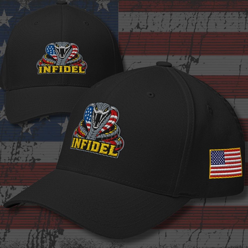 Product image of Infidel USA Flag Cobra Flexfit Hat with its embroidered design