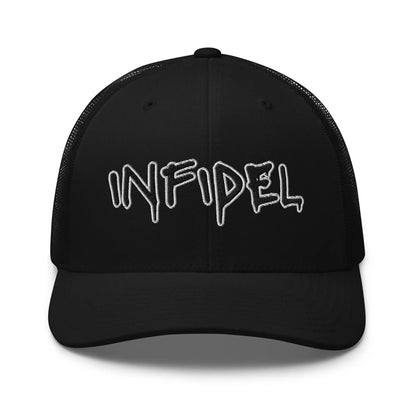 INFIDEL Spray Paint Custom Badass Mesh Snapback in black with front view best embroidered mesh snapback custom trucker hat in black, designed for blue collar men & women of America.