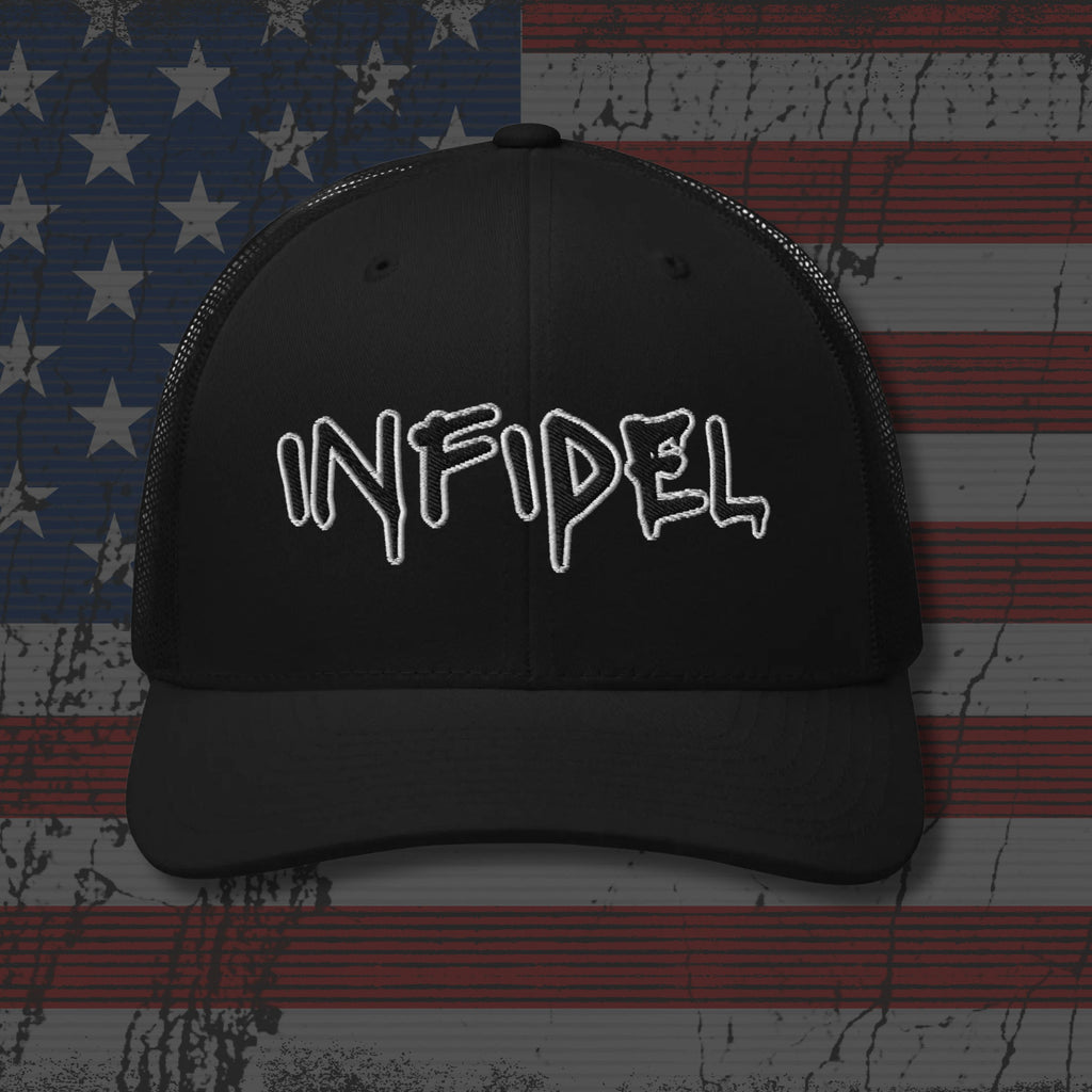 Black cap with 'INFIDEL' text on an American flag background