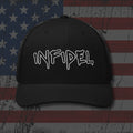 Black snapback hat with embroidered INFIDEL Graffiti, back view