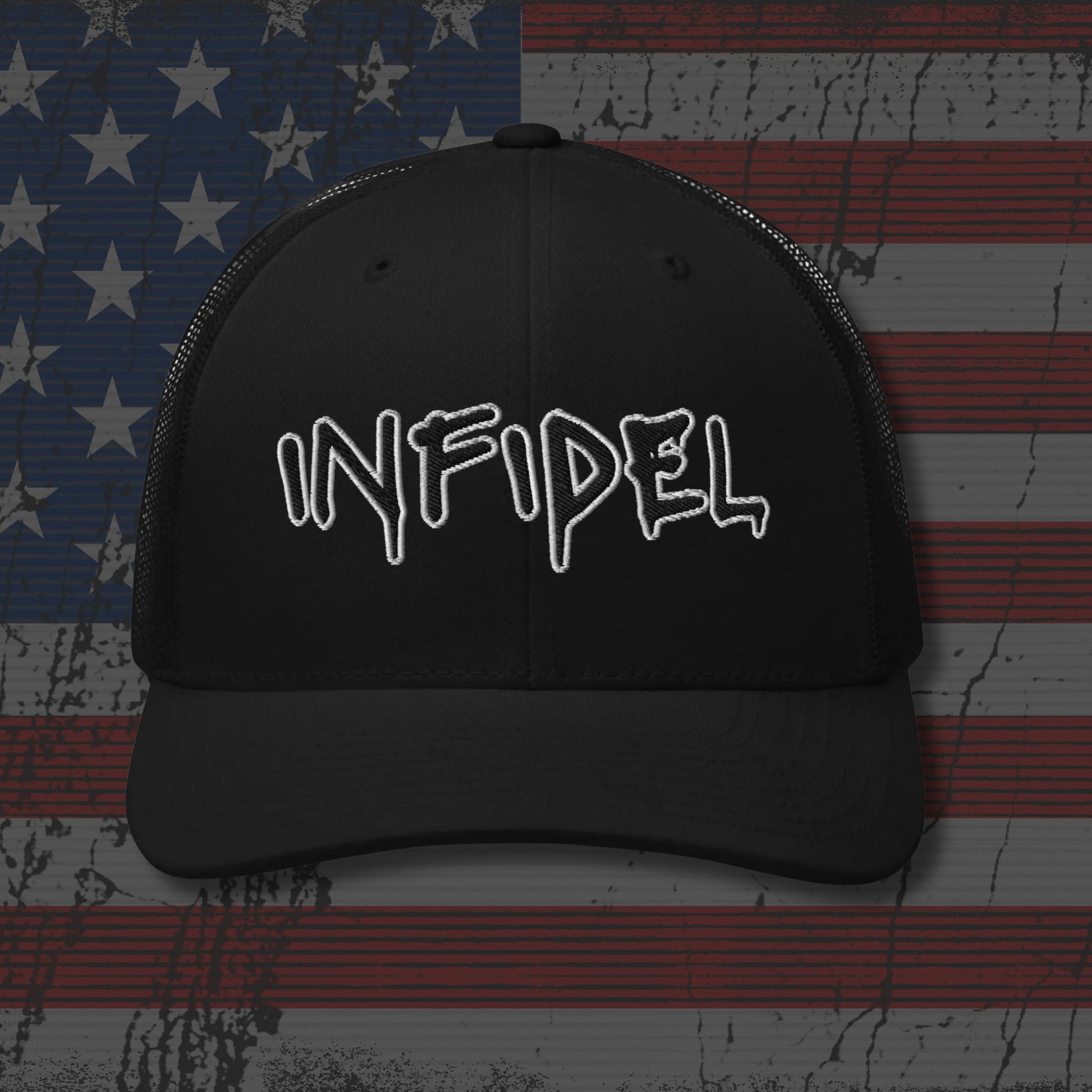 Black cap with 'INFIDEL' text on an American flag background