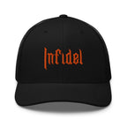 A black snapback trucker hat with the word 'Infidel' embroidered in orange on the front.