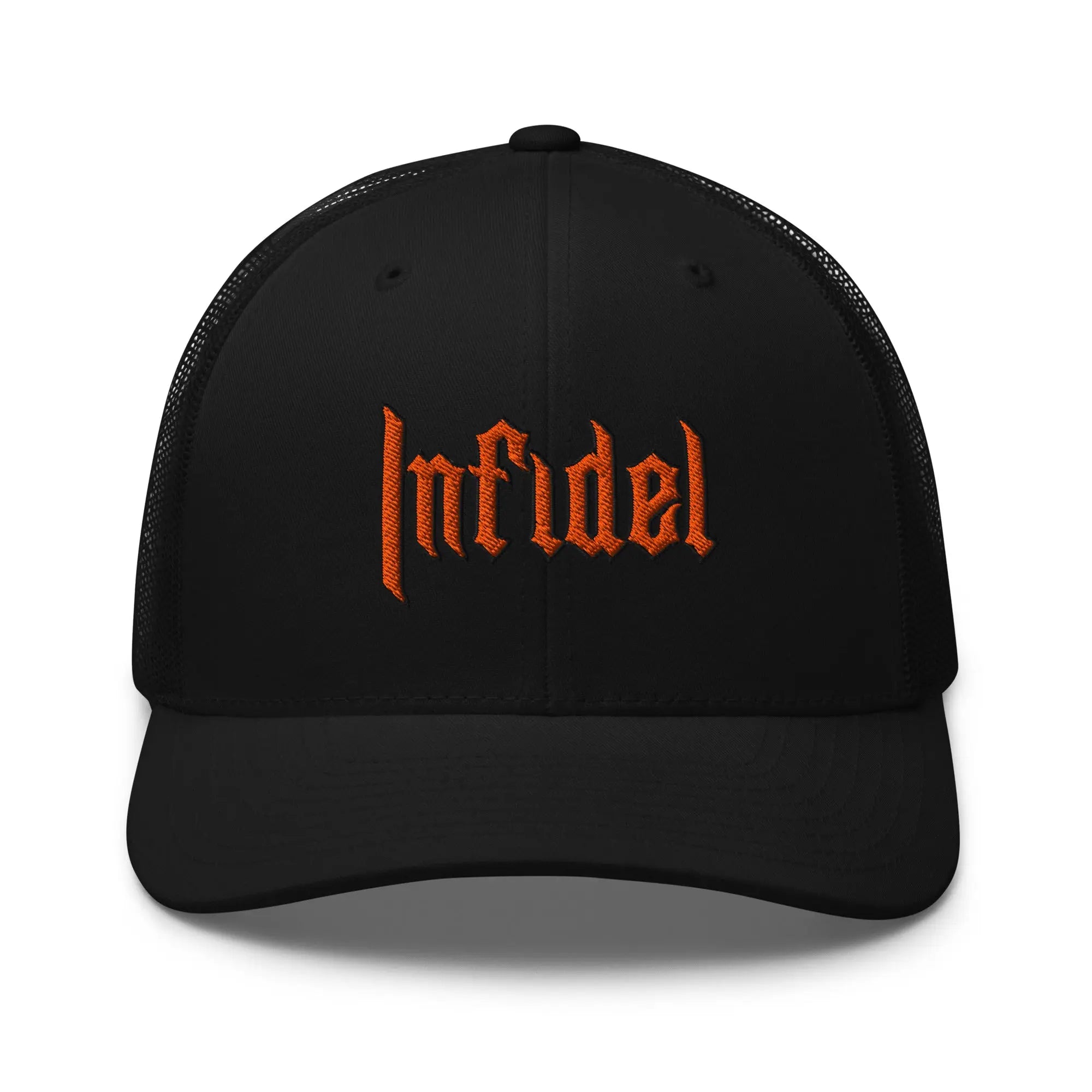 A black snapback trucker hat with the word 'Infidel' embroidered in orange on the front.