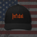Black snapback hat with embroidered INFIDEL Orange Stitch, back view