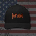 Black cap with 'Infidel' in orange on a distressed American flag background