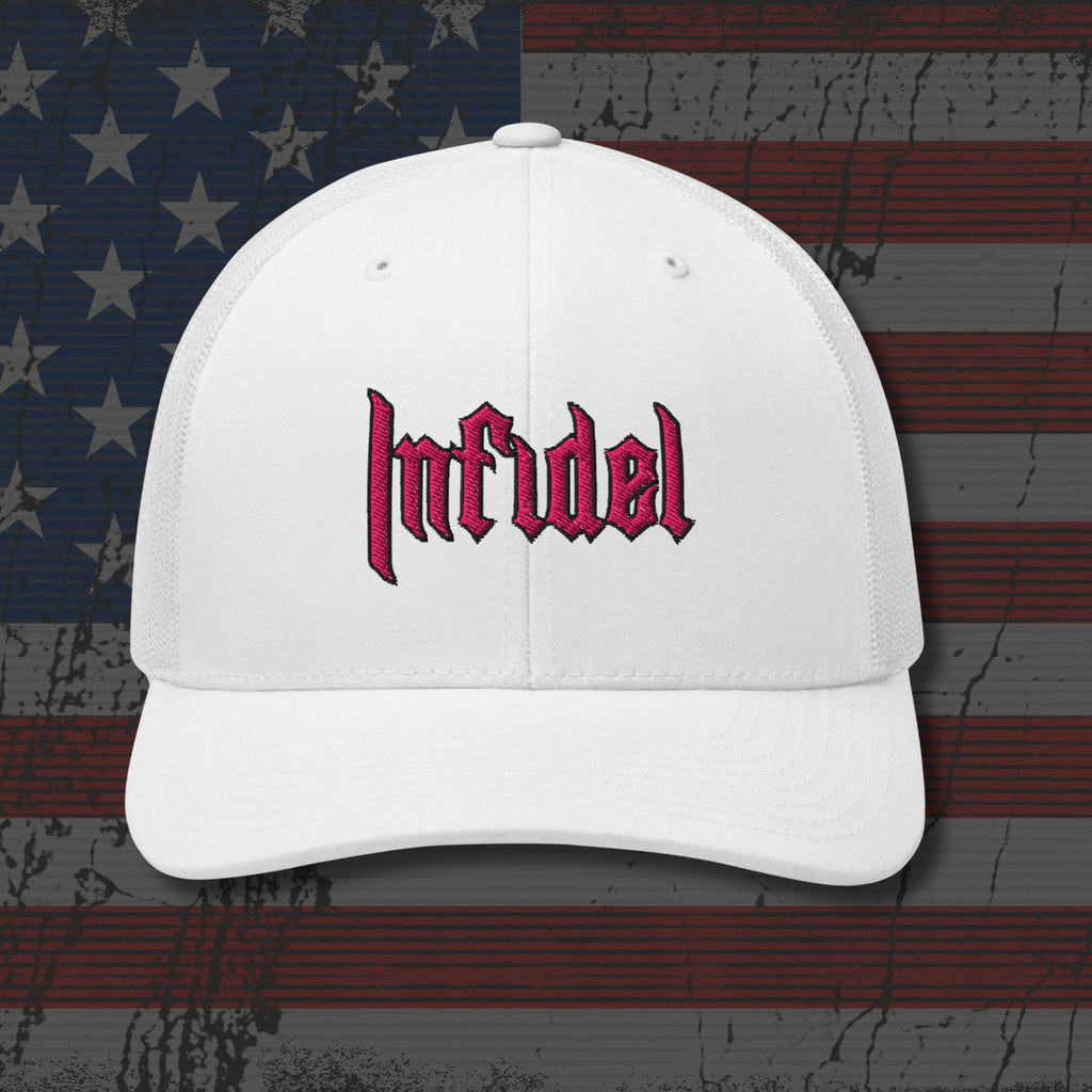White cap with 'Infidel' text on an American flag background