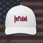 White cap with 'Infidel' text on an American flag background