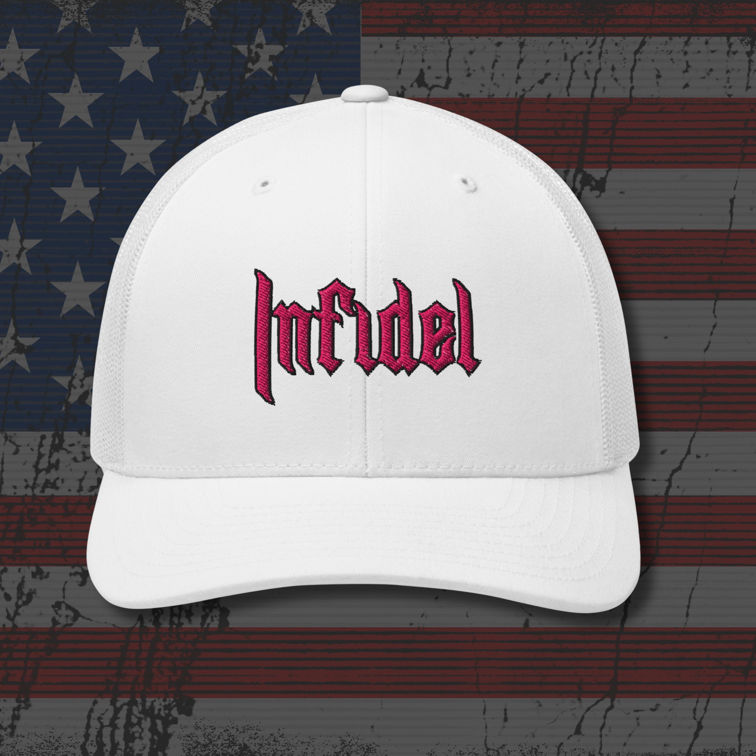 White cap with 'Infidel' text on an American flag background