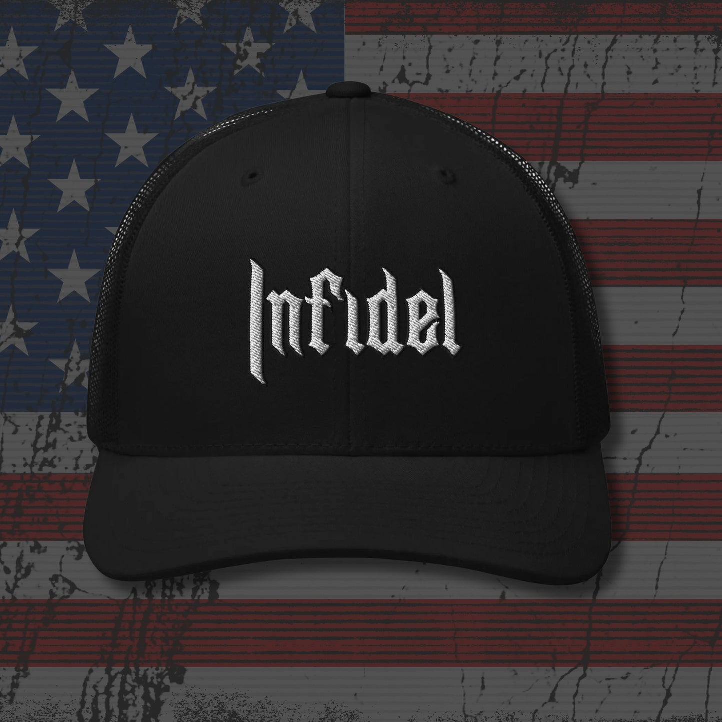 Black cap with 'Infidel' text on an American flag background