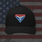 Black cap with an embroidered logo on a distressed American flag background