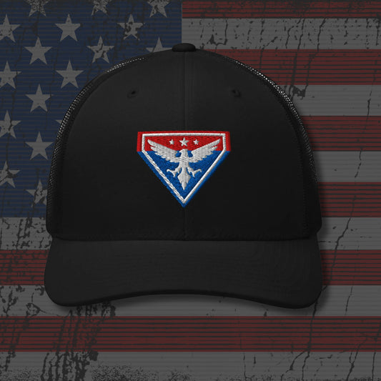 Black cap with an embroidered logo on a distressed American flag background