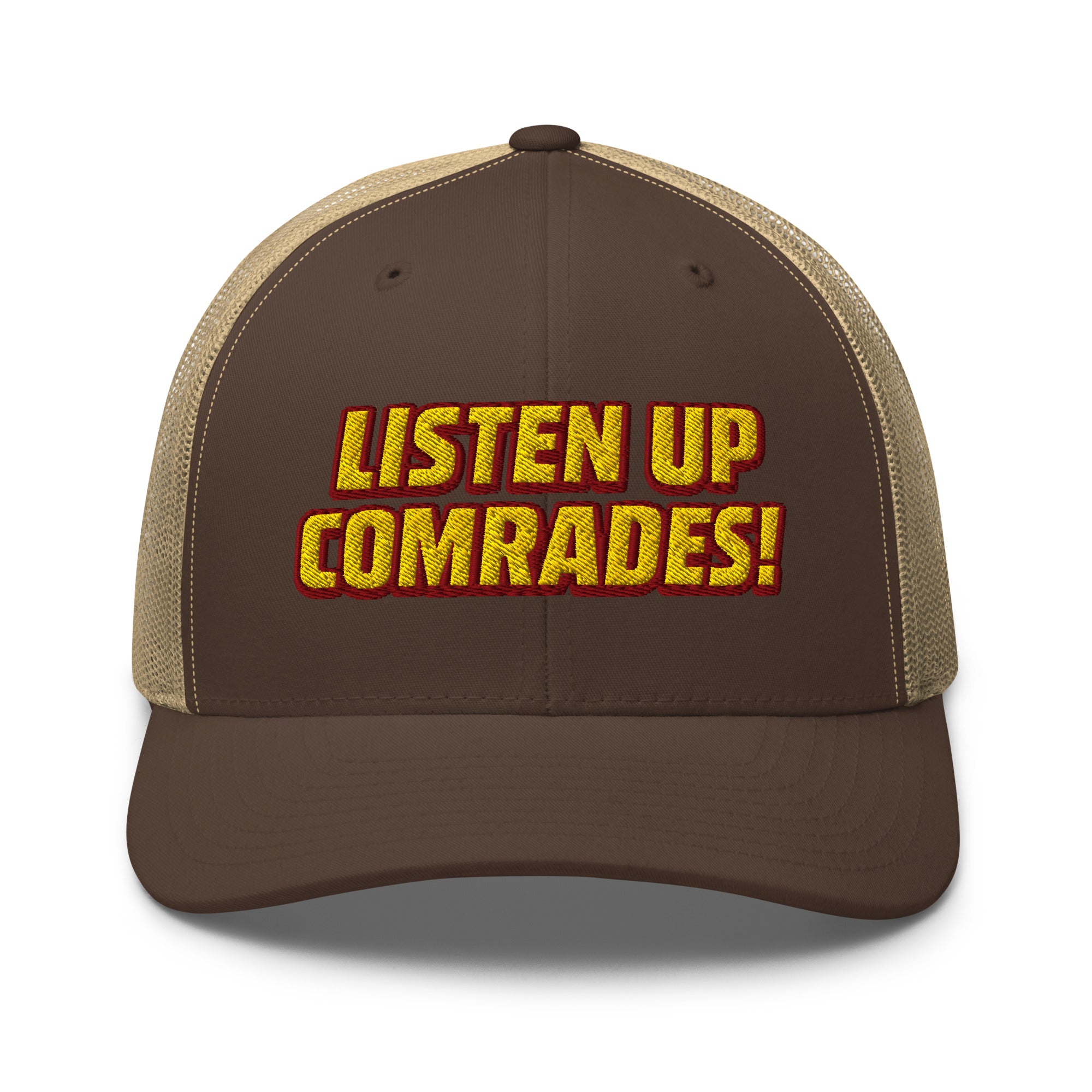 Brown and beige cap with 'Listen Up Comrades!' text on a white background