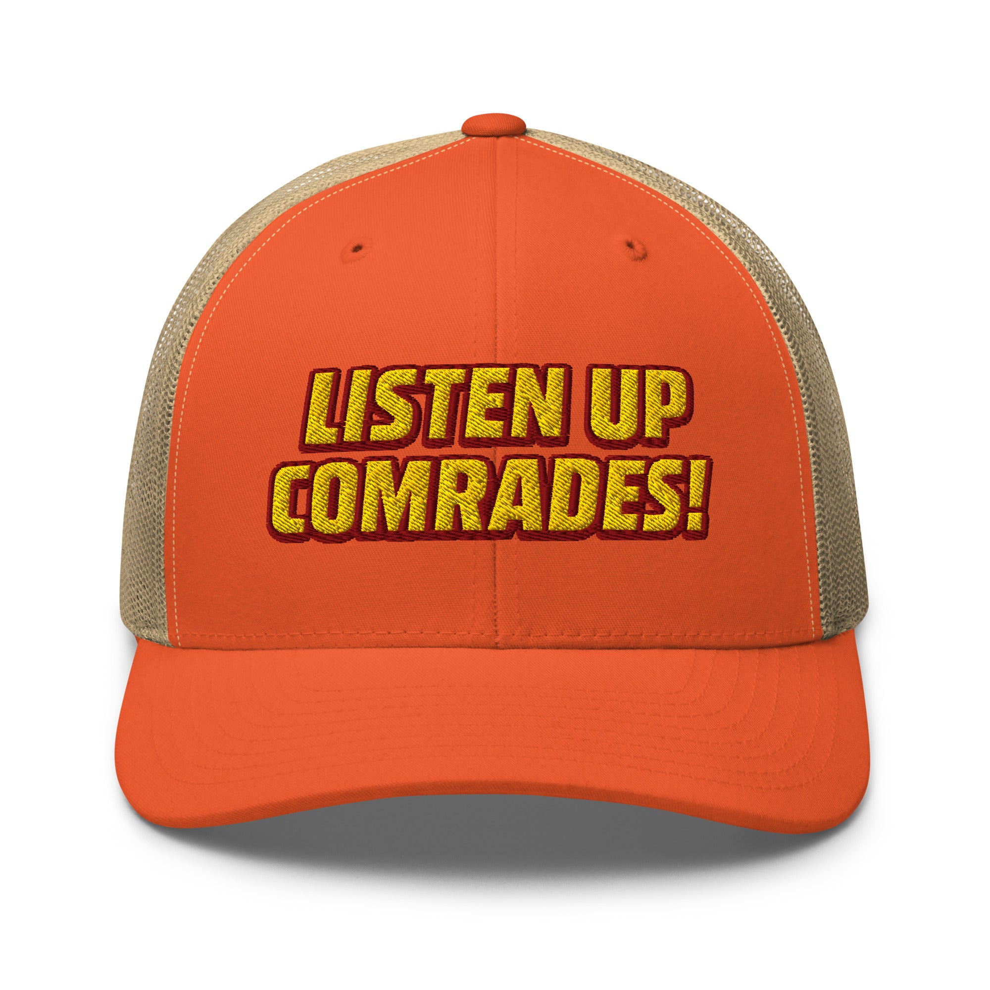 Orange cap with 'Listen Up Comrades!' text on a white background