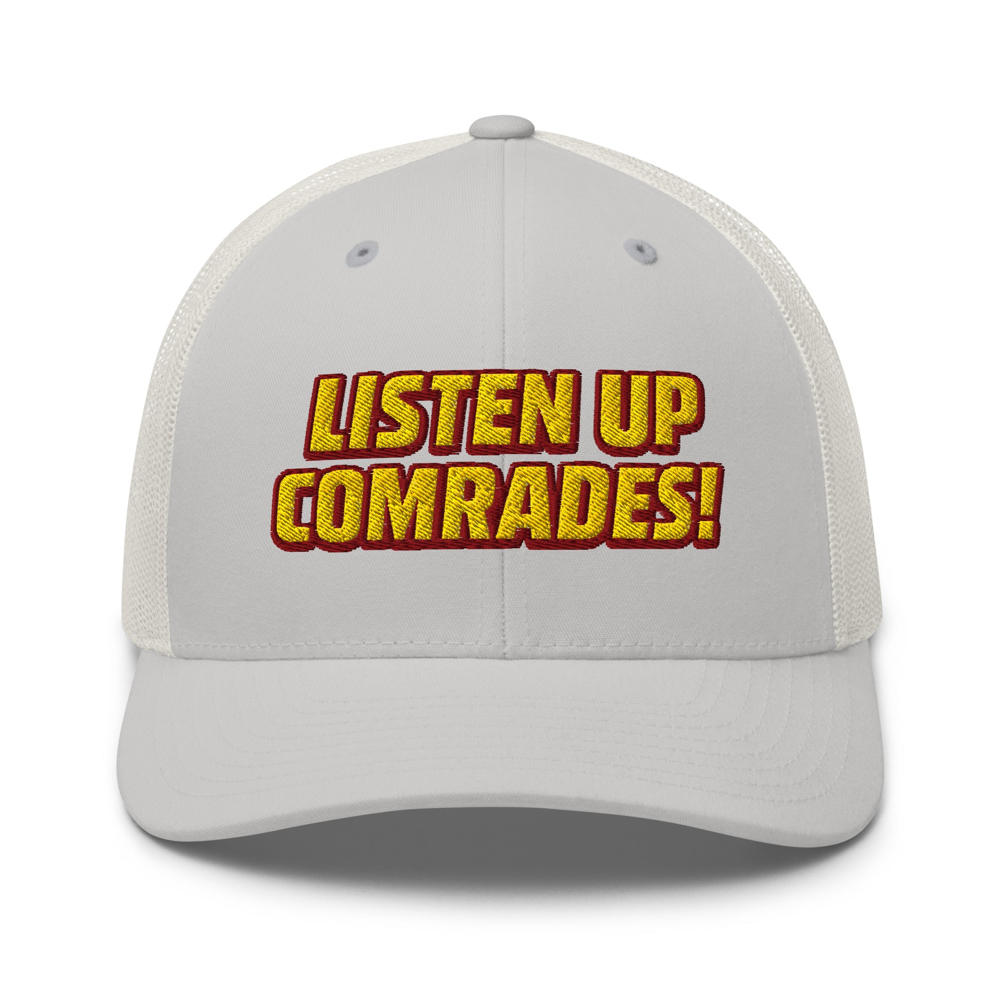 White cap with yellow text 'LISTEN UP COMRADES!' on a white background