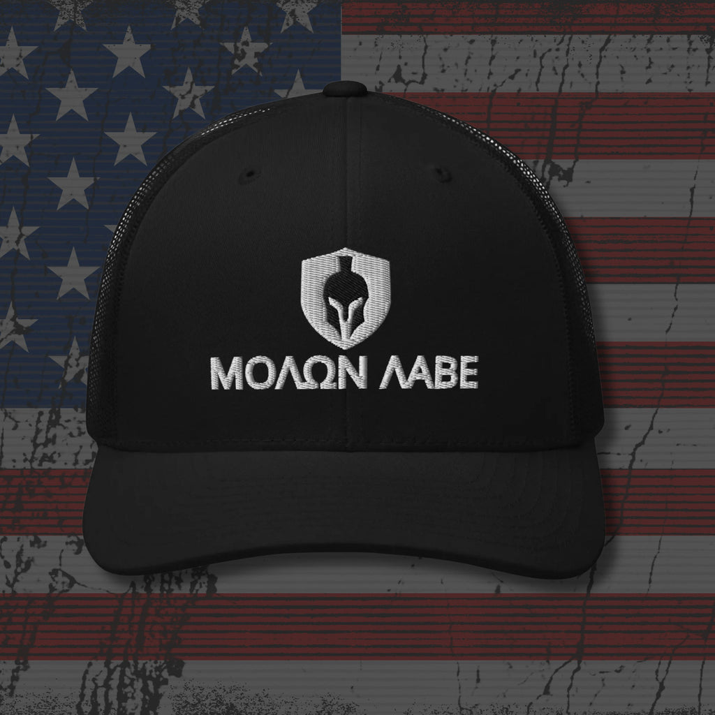 Black cap with 'Molon Labe' logo on an American flag background