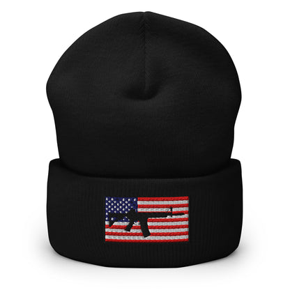 Patriotic AR-15 overlay on the USA Flag (Old Glory), embroidered on a Cuffed Beanie - available in 12 colors, shown here in black.