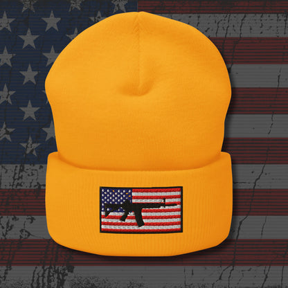Yellow beanie with American flag patch on a distressed American flag background