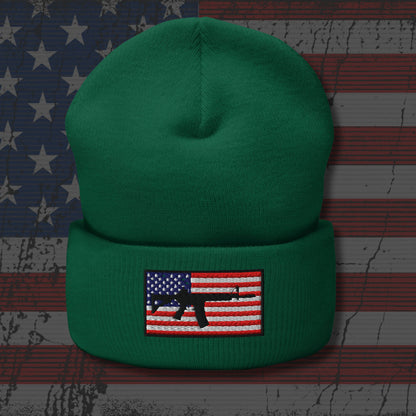 Green beanie with an American flag patch on a distressed American flag background