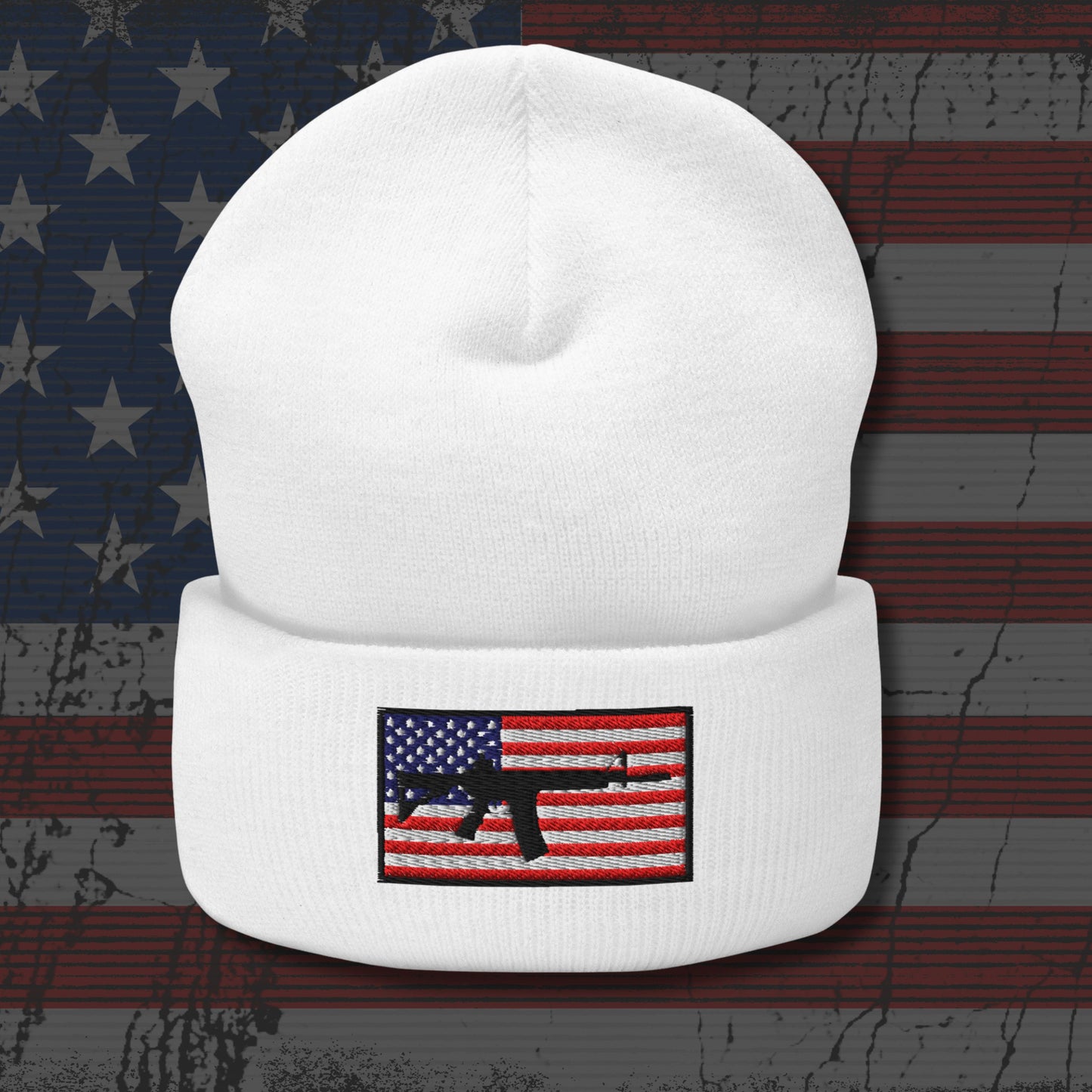 White beanie with American flag patch on a distressed American flag background