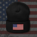 Black beanie with embroidered Old Glory American Flag, back view