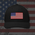 Black snapback hat with embroidered Old Glory American Flag, back view