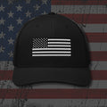 Black snapback hat with embroidered Old Glory Black & White, back view