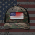 Camo and Black trucker hat with embroidered Camo Old Glory American Flag, back view