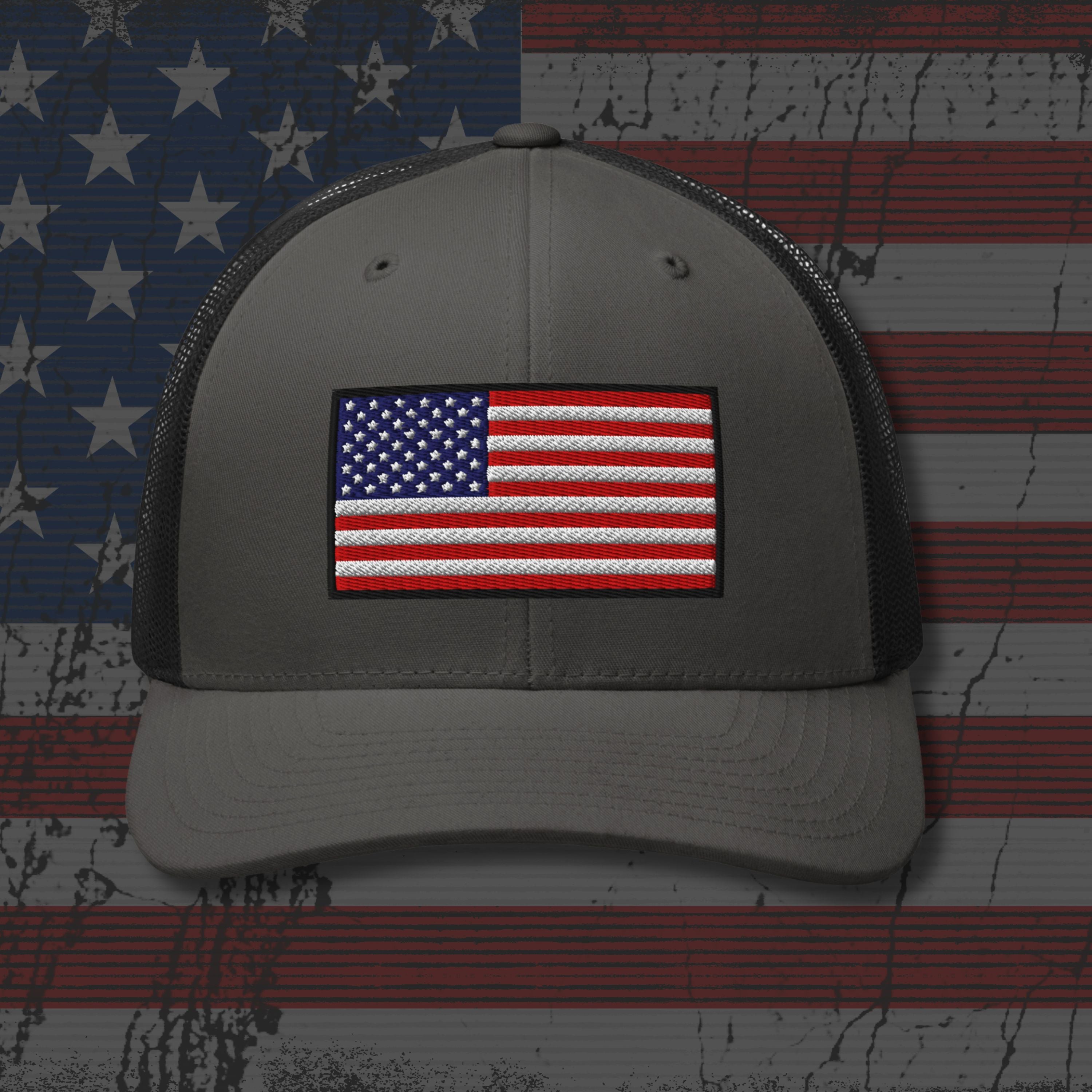 Gray cap with American flag patch on a distressed American flag background