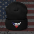 Black beanie with an embroidered eagle design on a distressed American flag background