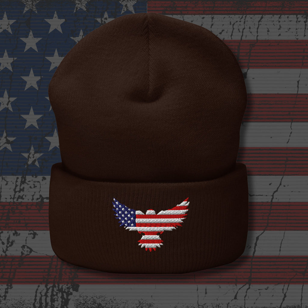 Brown beanie with an embroidered American flag design on a distressed American flag background