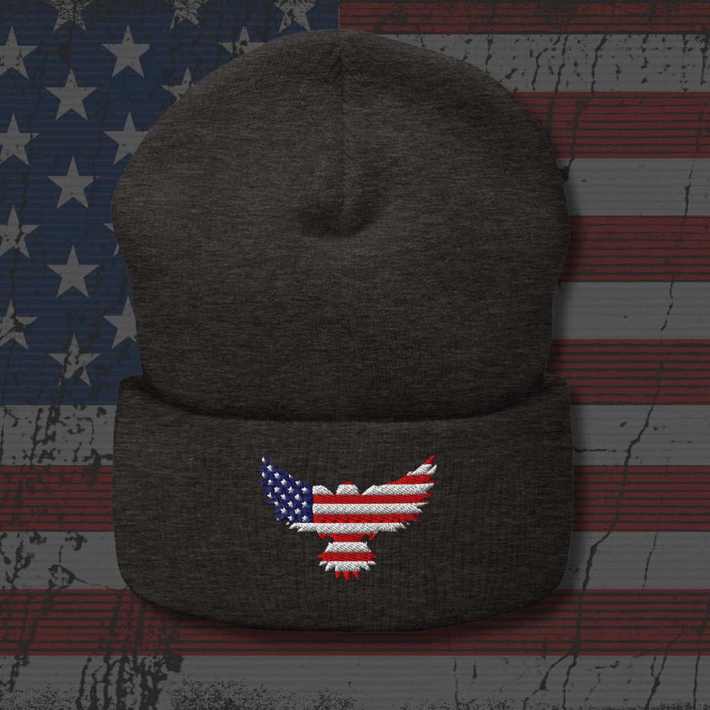 Dark gray beanie with an embroidered eagle design on a distressed American flag background