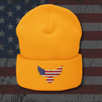 Yellow beanie with an embroidered eagle design on a distressed American flag background