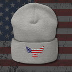 Gray beanie with American flag design on a distressed American flag background