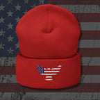Red beanie with an embroidered eagle design on a distressed American flag background