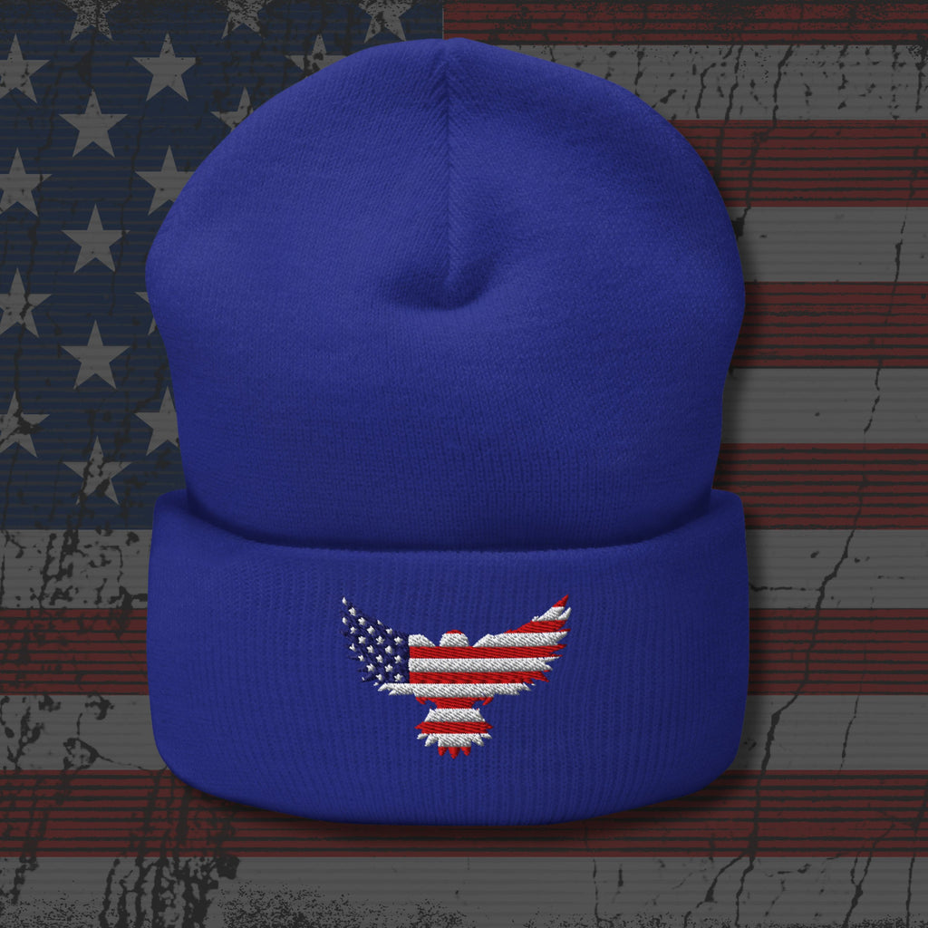 Blue beanie with an embroidered eagle design on a distressed American flag background