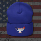 Blue beanie with an embroidered eagle design on a distressed American flag background