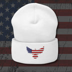 White beanie with American flag design on a distressed American flag background