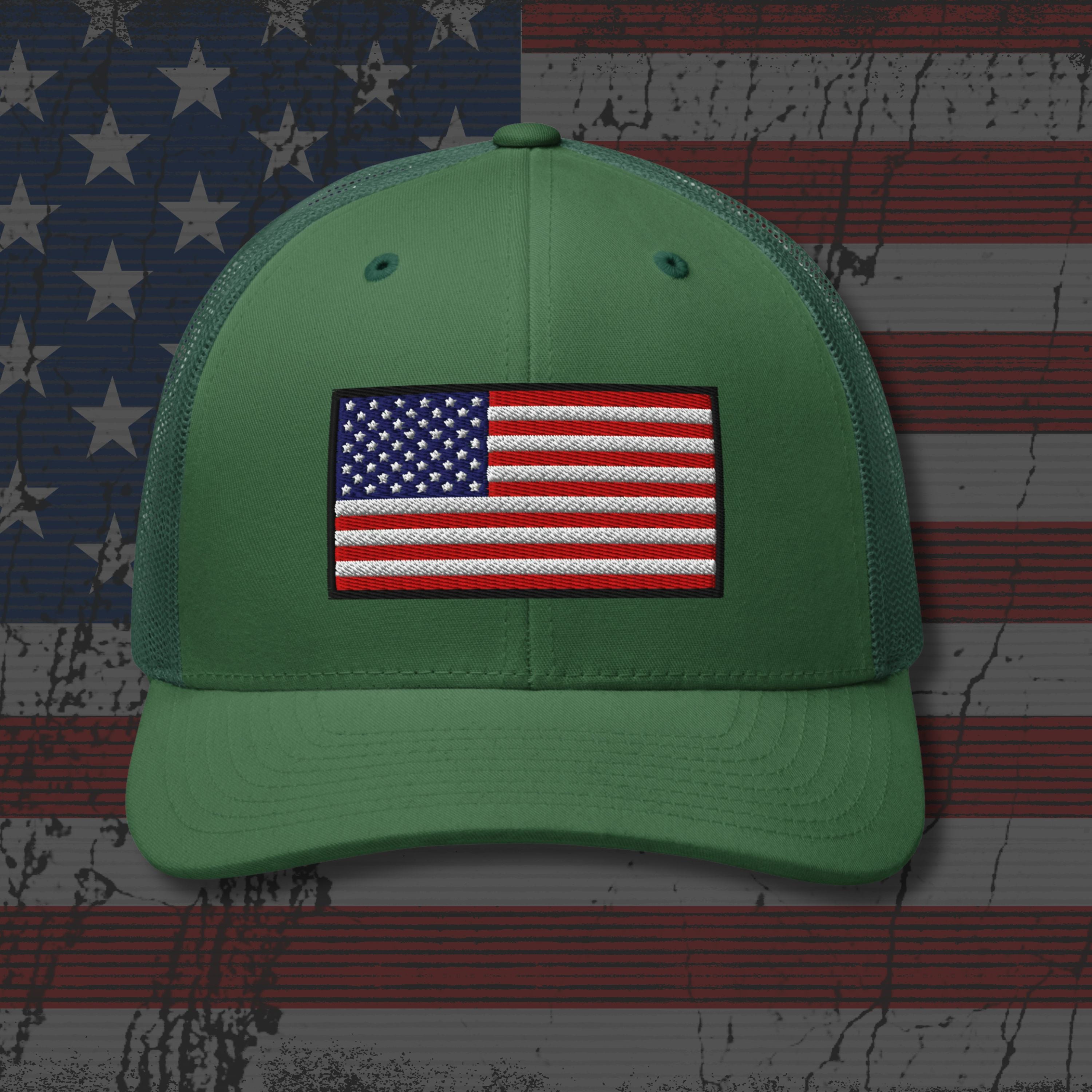 Green cap with American flag patch on a distressed American flag background