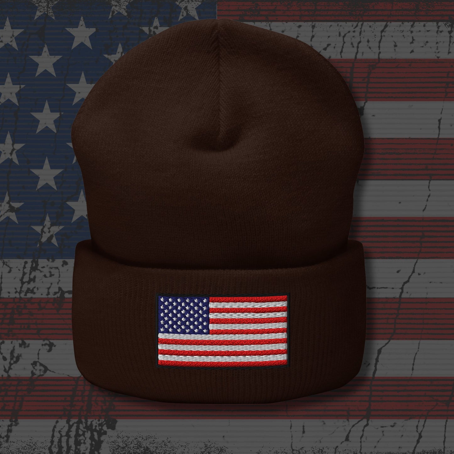 Brown beanie with American flag patch on a textured American flag background