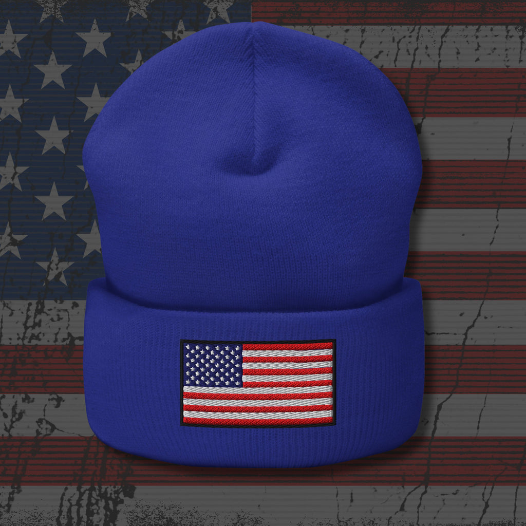 Blue beanie with American flag patch on a textured American flag background