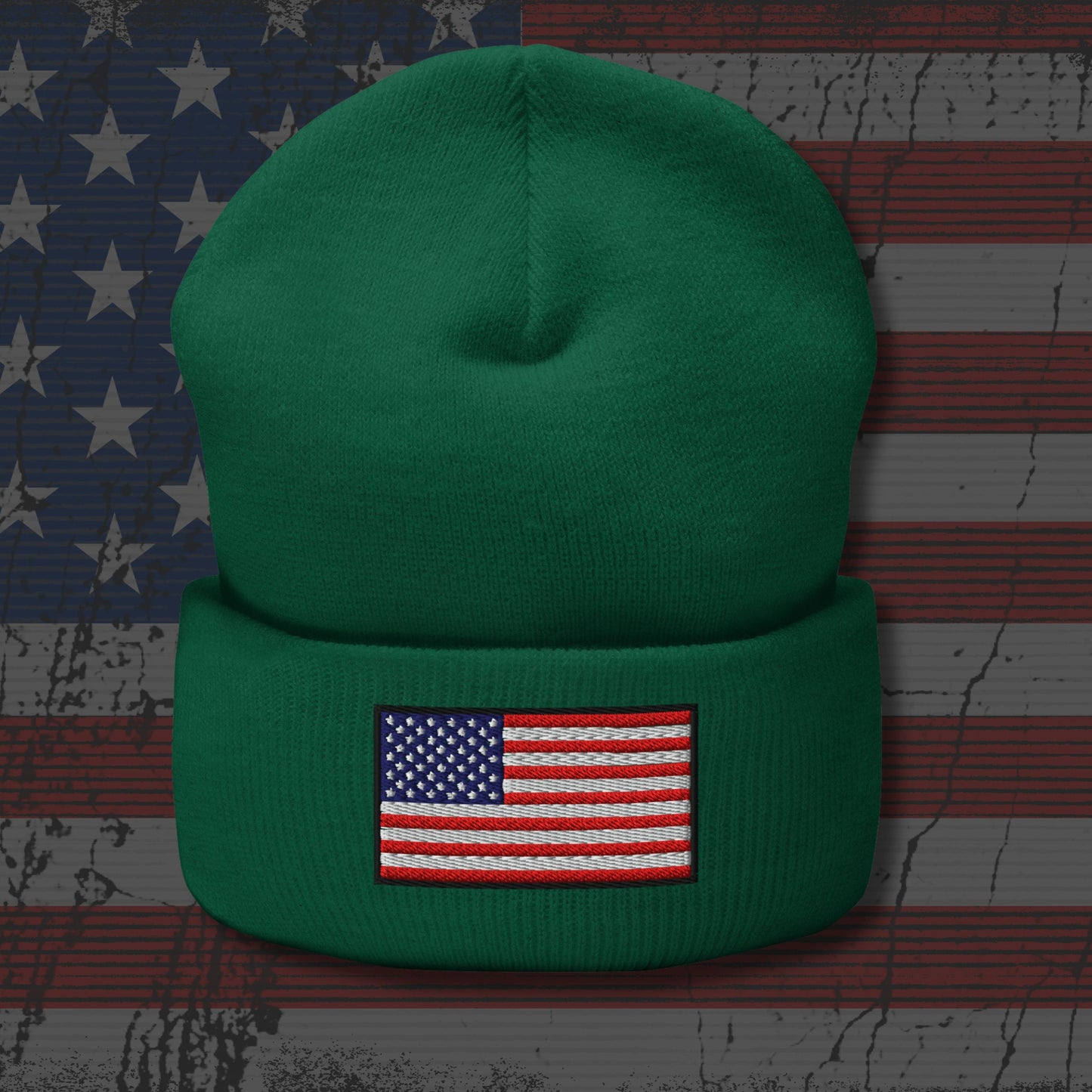 Green beanie with American flag patch on a textured American flag background