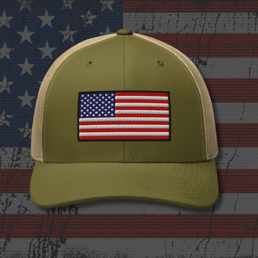 Green cap with American flag patch on a distressed American flag background