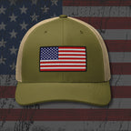 Green cap with American flag patch on a distressed American flag background