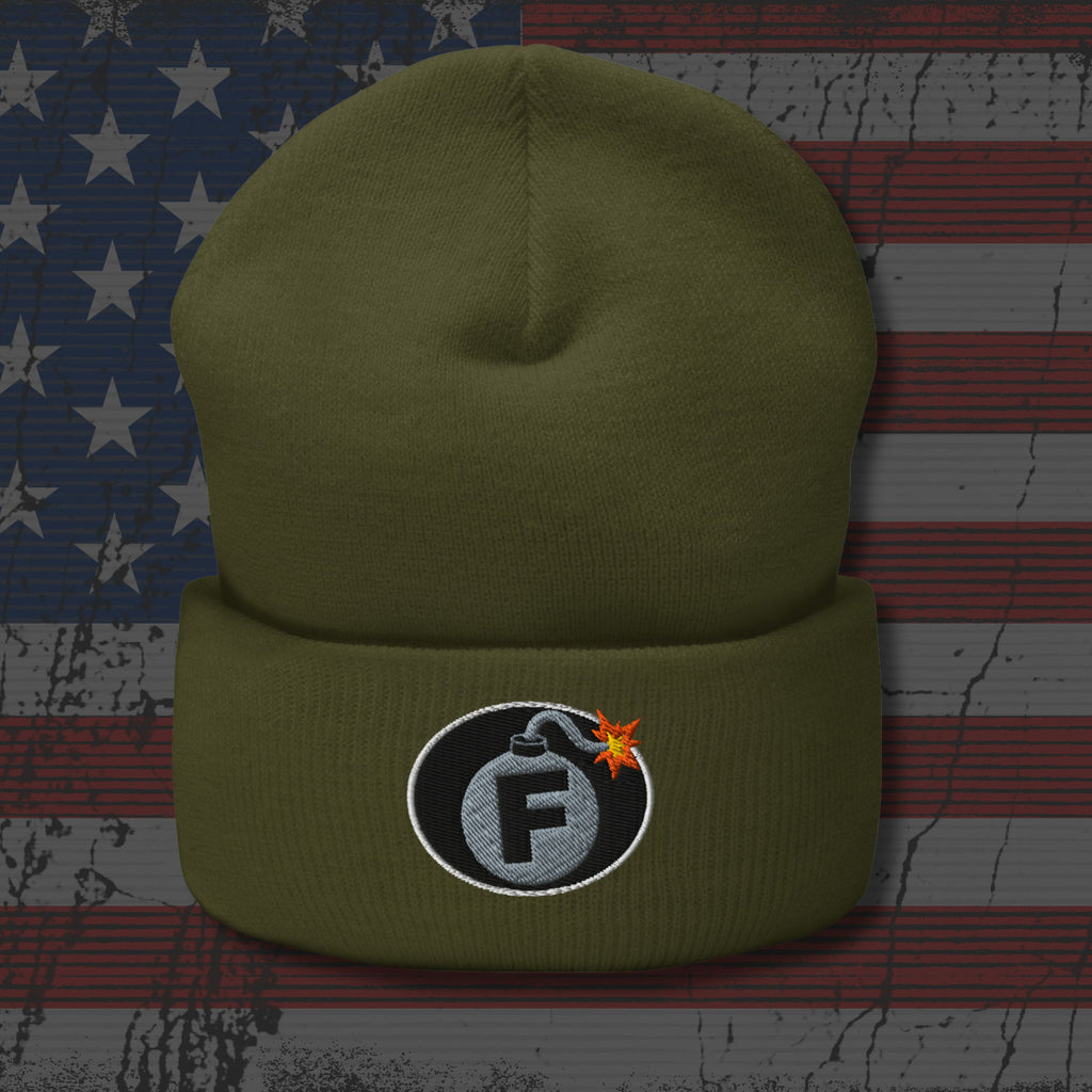 Green beanie with a logo on an American flag background