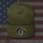 Green beanie with a logo on an American flag background
