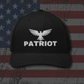 Black snapback hat with embroidered Patriot Eagle, back view