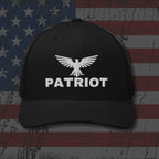 Black cap with 'Patriot' and an eagle logo on a distressed American flag background