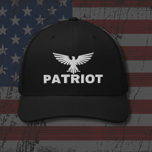 Black cap with 'Patriot' and an eagle logo on a distressed American flag background